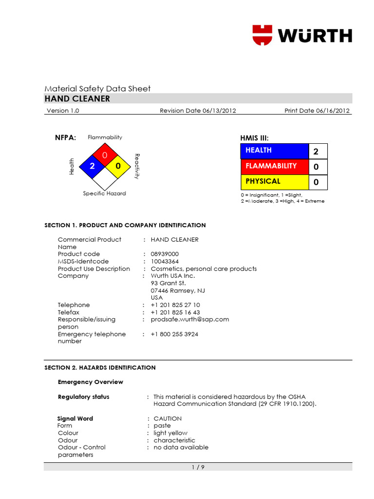 Hand Cleaner MSDS - Safety Information | PDF | Occupational Safety And ...