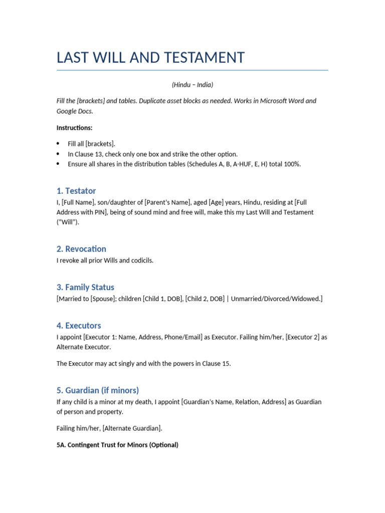 Hindu Last Will Template for India | PDF | Will And Testament | Probate