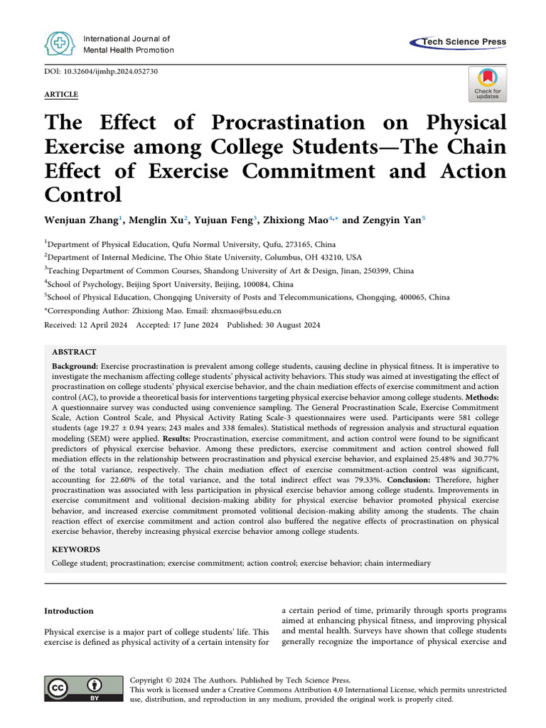 The Effect of Procrastination On Physical Exercise Among College ...