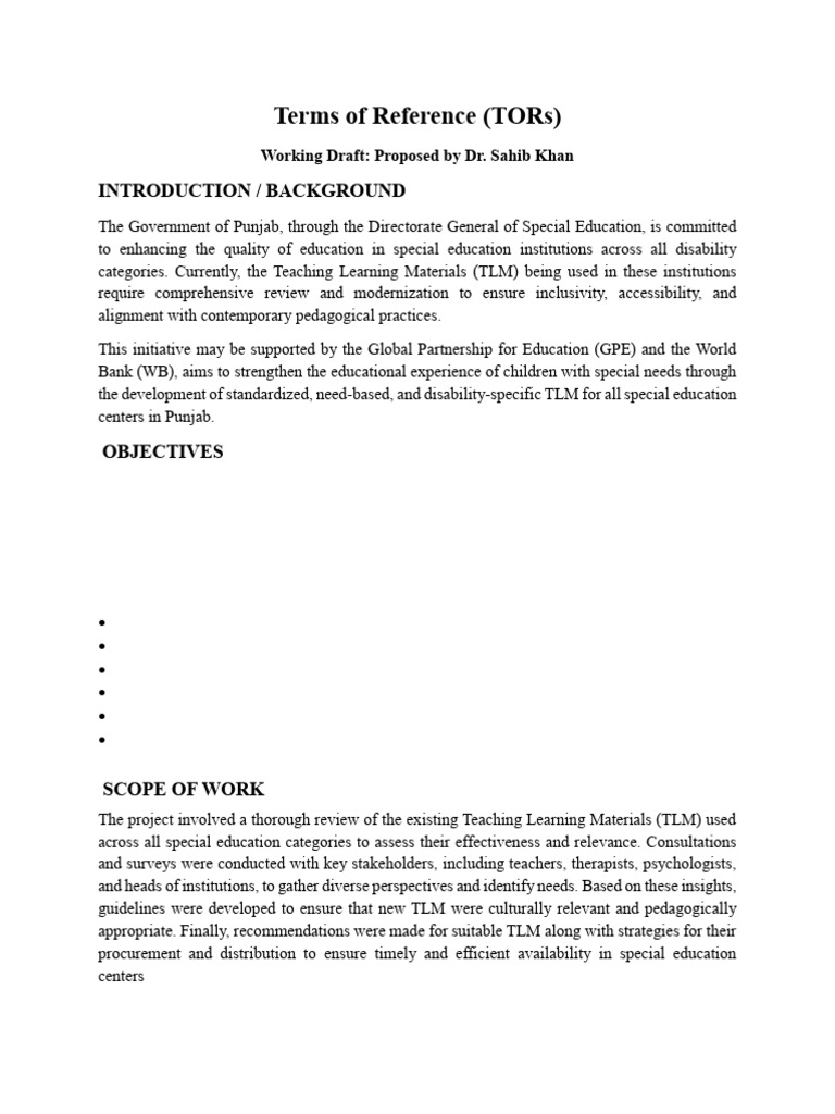 TOR For TLM by DrSahib Khan | PDF | Special Education | Disability