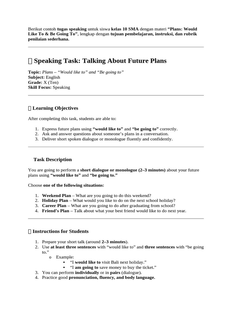 Speaking Task: Future Plans for Grade 10 | PDF | Human Communication ...