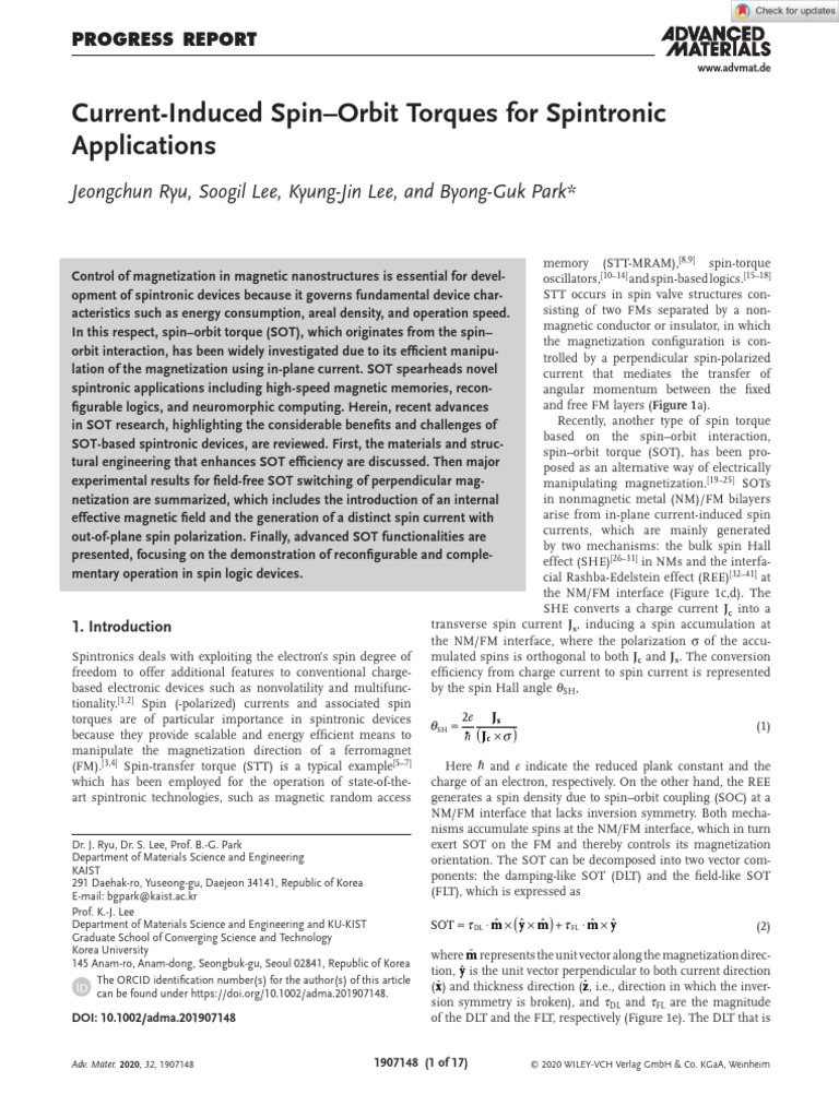 Current-Induced Spin-Orbit Torques in Spintronics | PDF ...