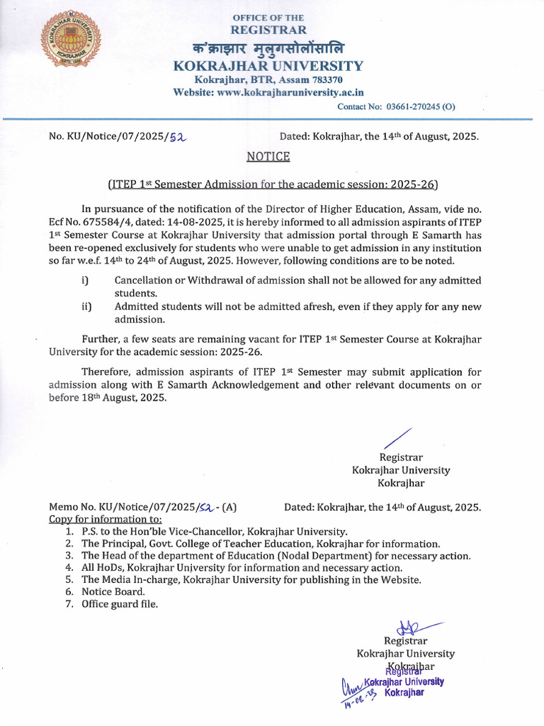 Notice Regarding ITEP 1st Semester Admission For The Academic Session ...