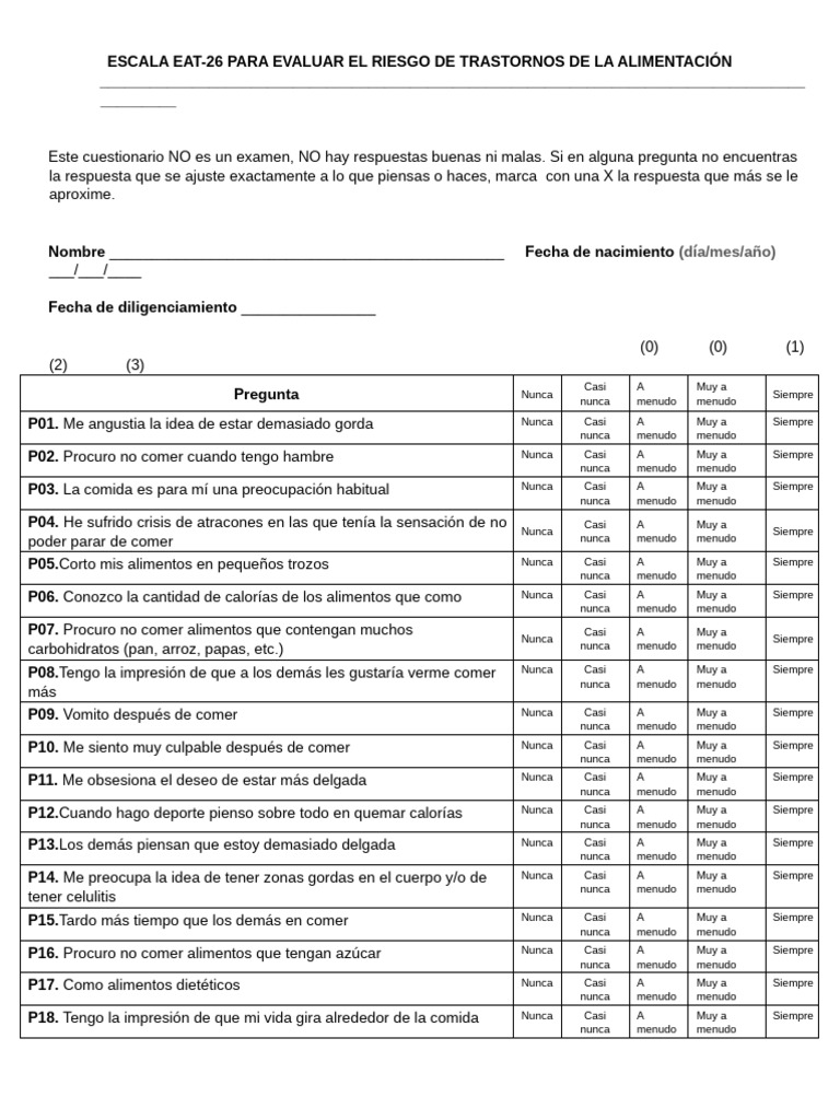 Escala EAT-26 para Trastornos Alimentarios | PDF | Nutrición | Dieta y ...