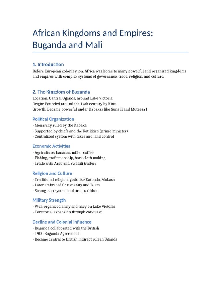 African Kingdoms: Buganda & Mali Empires | PDF
