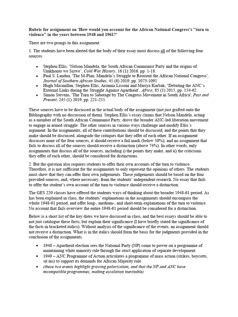 1948-61 Assignment Rubric | PDF | African National Congress | Politics ...