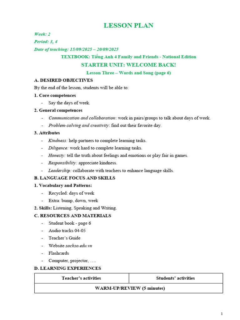 Lesson Plan: Days of the Week Activities | PDF | Vocabulary | Lesson Plan