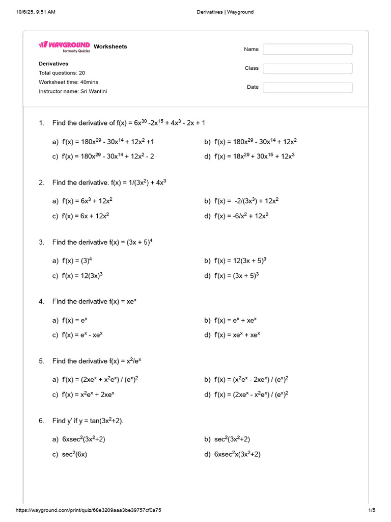 Derivative Worksheets for Students | PDF | Acceleration | Mathematical ...