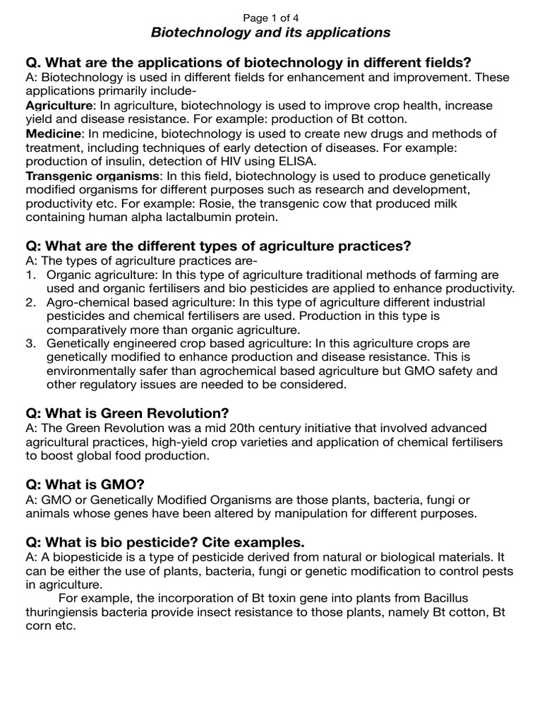Biotechnology Applications in Agriculture and Medicine | PDF ...