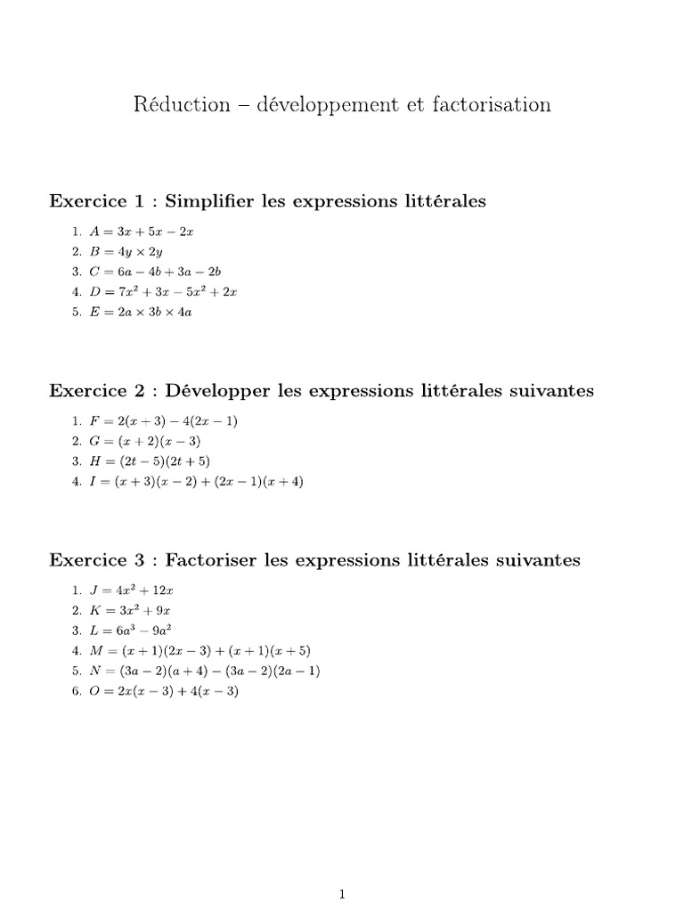 01 Développer Factoriser Énoncés | PDF