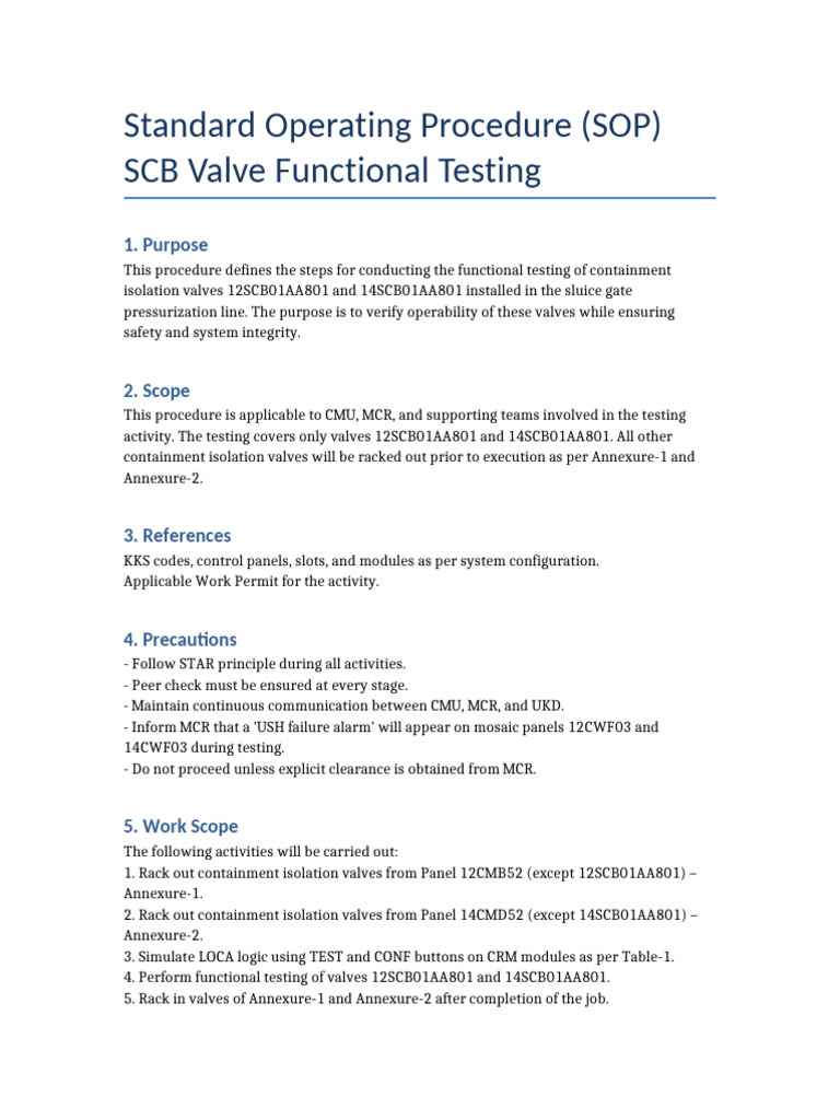 SCB Valve Functional Testing SOP | PDF