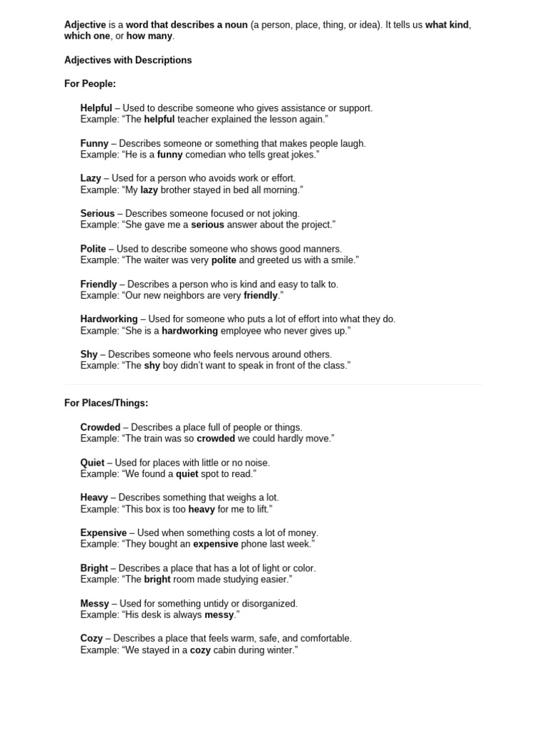 Common Adjectives with Examples | PDF | Adjective