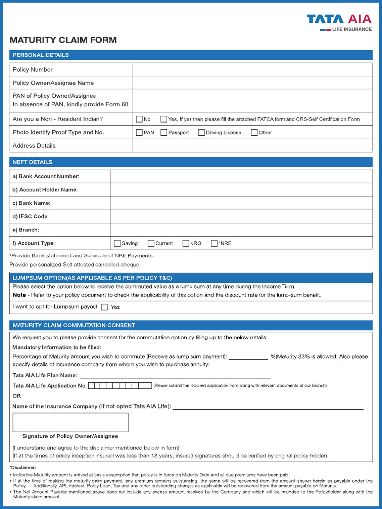Tata AIA Maturity Claim Form | PDF | Insurance | Life Insurance