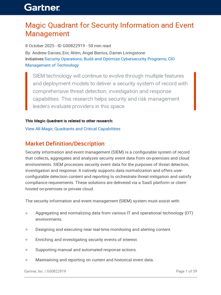 Gartner SIEM Magic Quadrant 2025 | PDF | Cloud Computing | Computer ...
