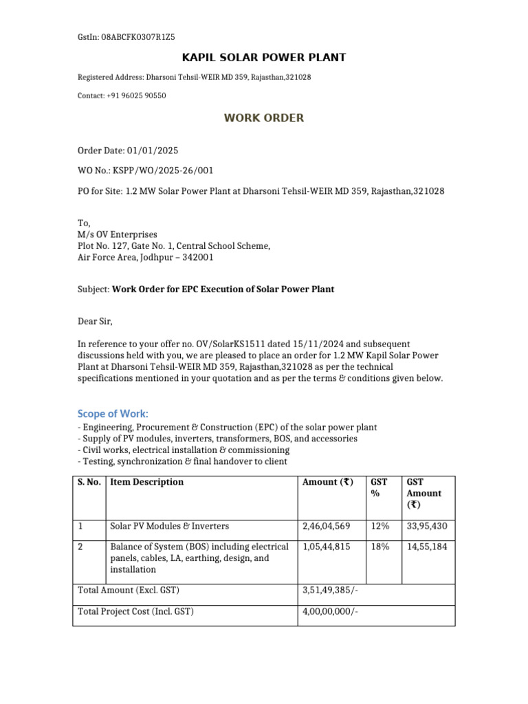Work Order for 1.2 MW Solar Plant | PDF | Solar Power | Power Station