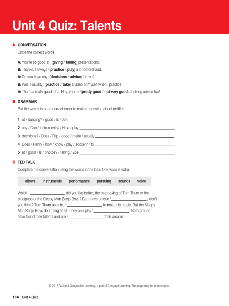 Unit 4 Quiz on Talents and Abilities | PDF