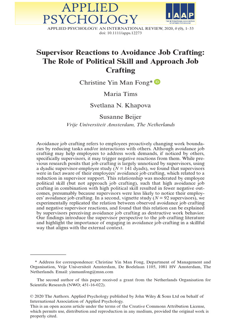 Supervisor Reactions to Avoidance Job Crafting | PDF | Psychology ...