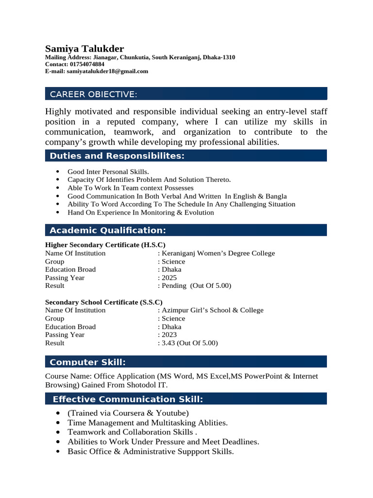 Entry-Level Resume for Samiya Talukder | PDF | Learning | Cognition
