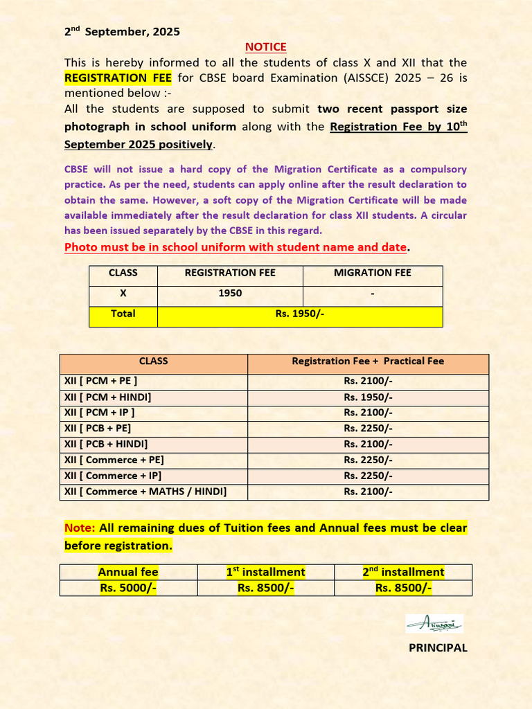 CBSE 12th Registration Fees Notice 2025 | PDF | Government And Personhood