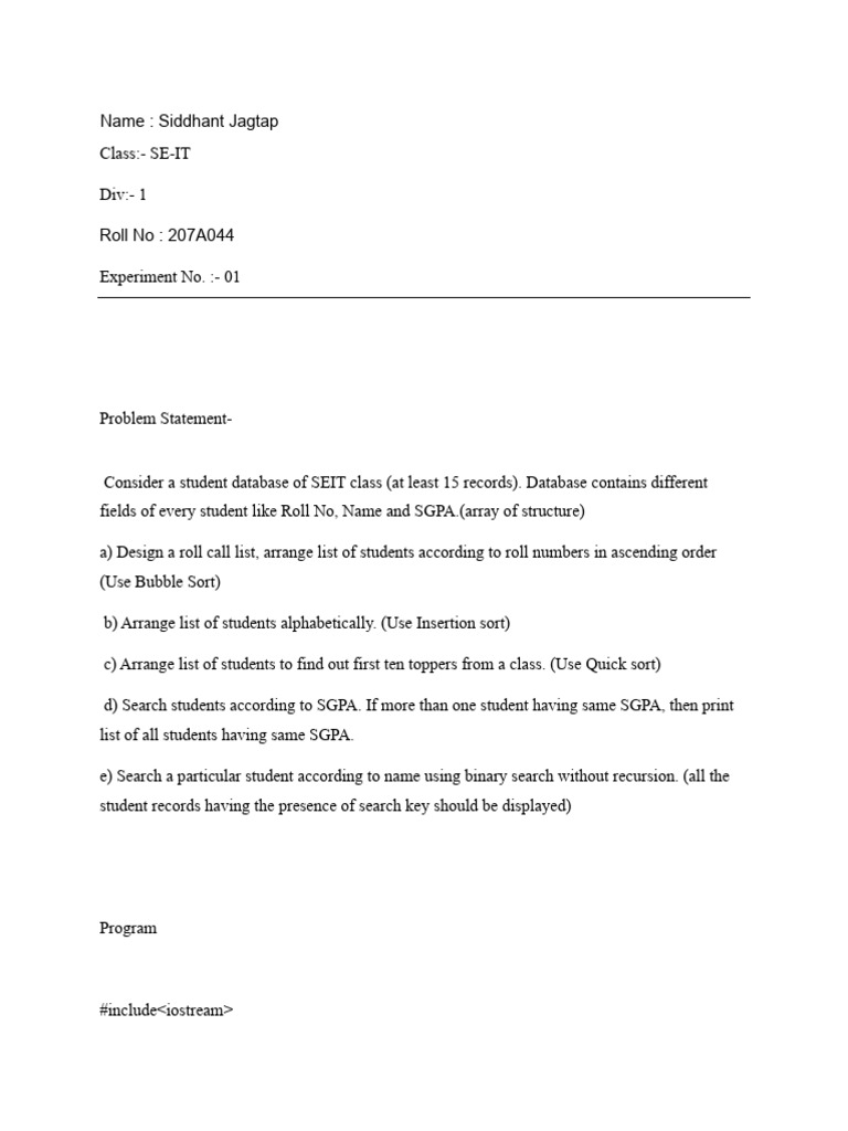 Student Database Management Program | PDF | Algorithms | Algorithms And ...