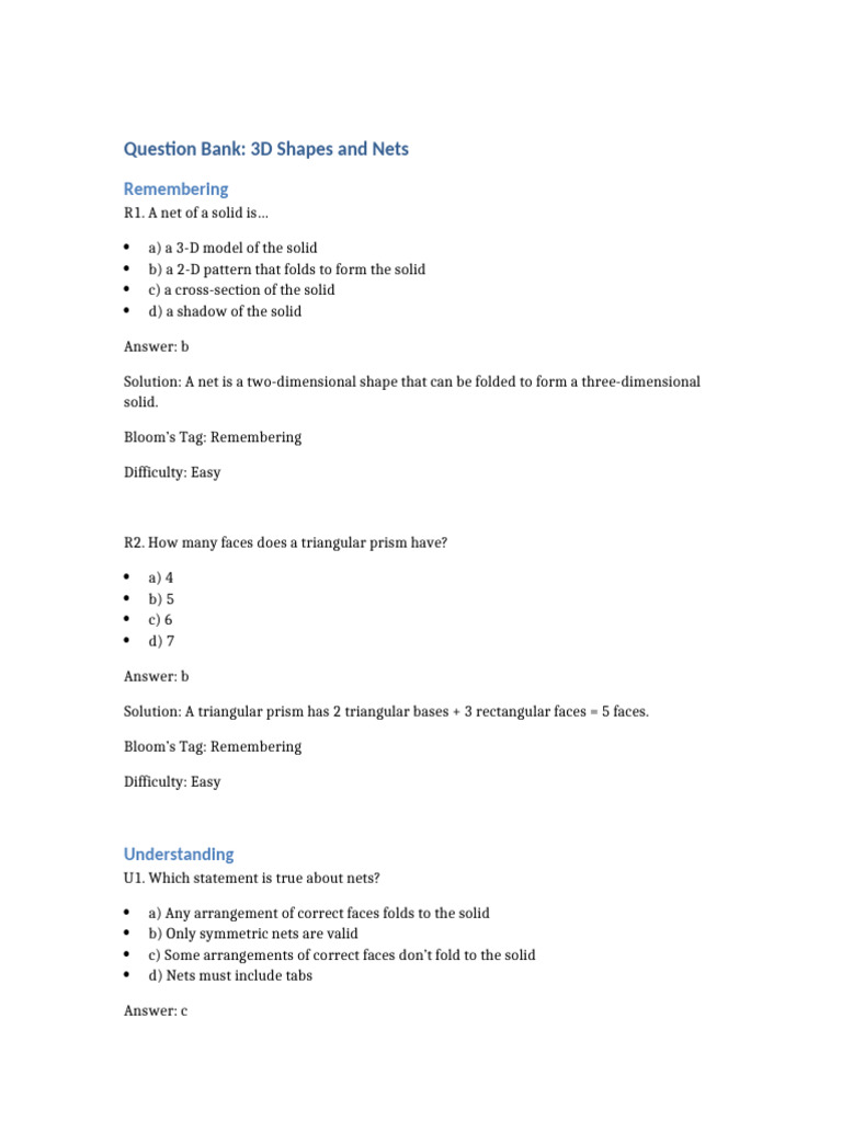 3D Shapes and Nets Question Bank | PDF