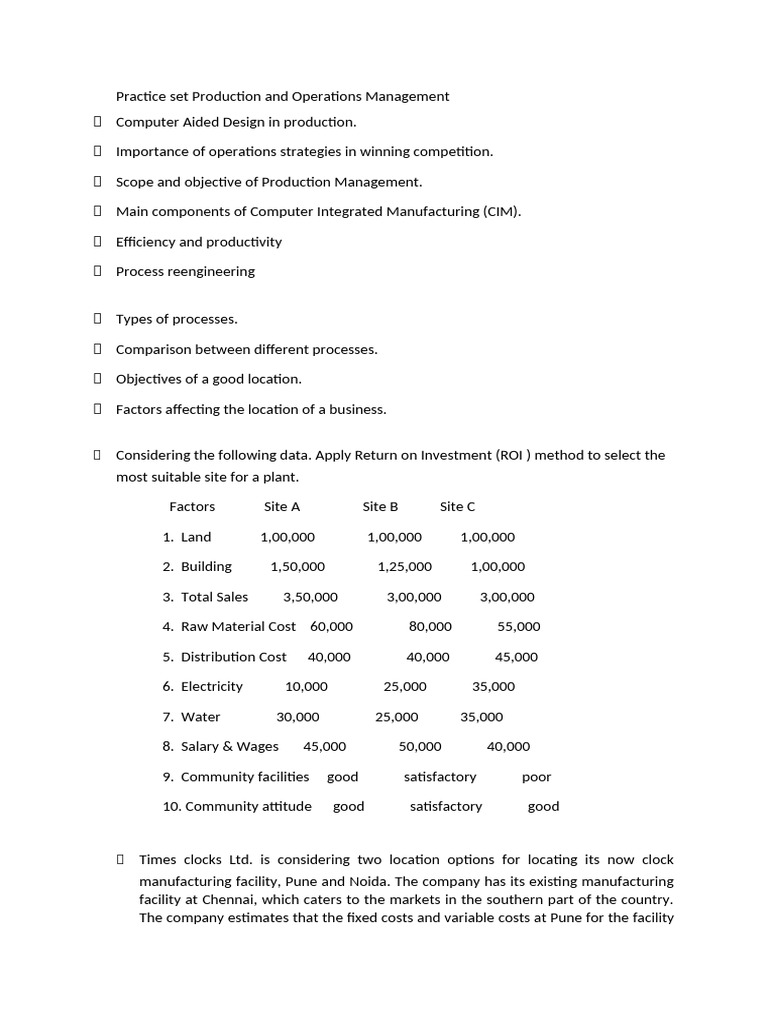Production and Operations Management Practice Set | PDF | Production ...