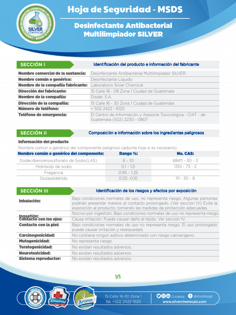 MSDS Desinfectante Antibacterial SILVER | PDF | Agua