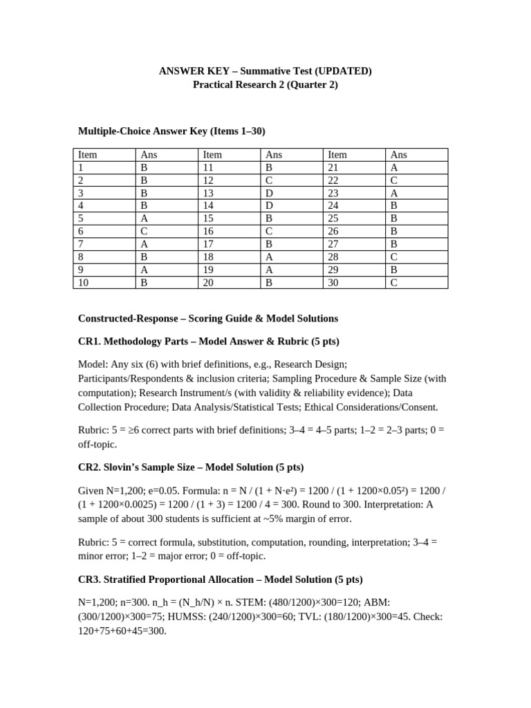 Summative Test Answer Key & Guide | PDF | Statistical Analysis ...