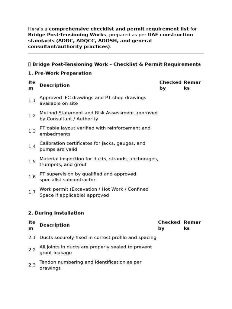 Bridge Post-Tensioning Checklist & Permits | PDF | Prestressed Concrete