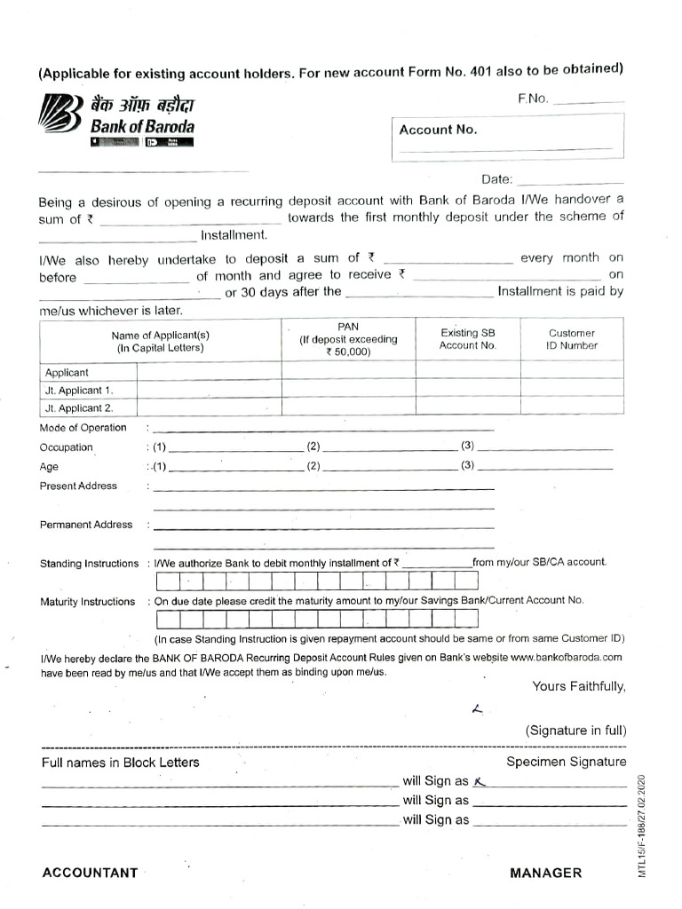Bank of Baroda RD Application Form | PDF | Banks | Investing