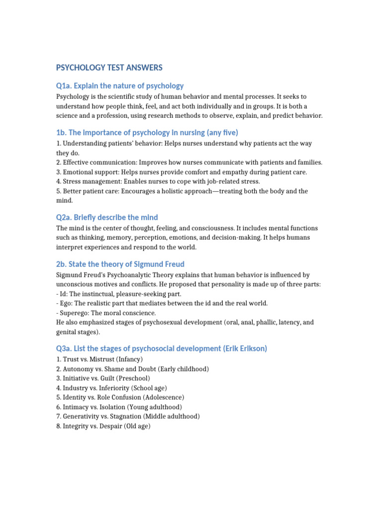 Psychology Test Answers | PDF | Psychology | Human Development