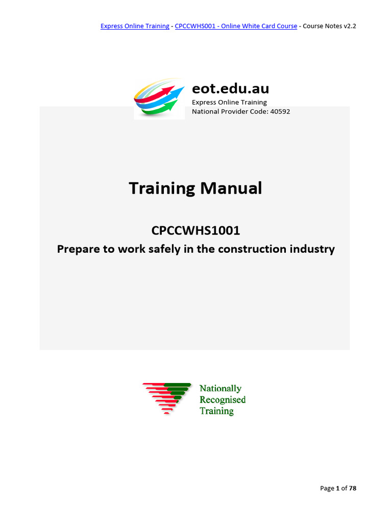 WhiteCard CPCCWHS1001 Course Notes.1 | PDF | Occupational Safety And ...