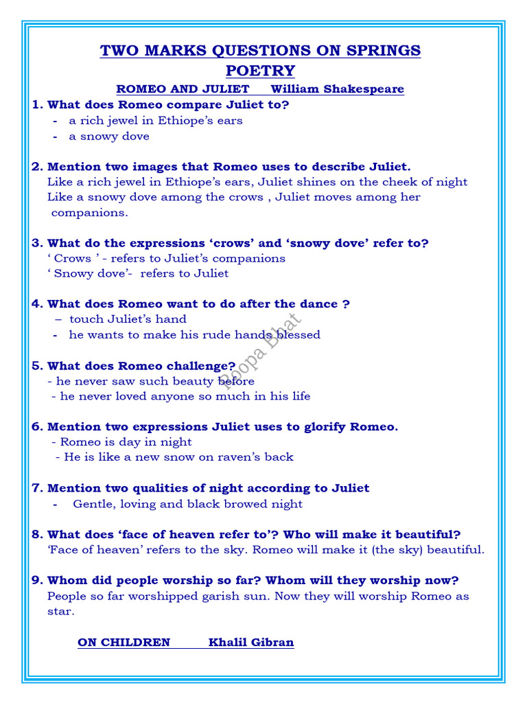 Two Marks Questions on Poetry and Themes | PDF