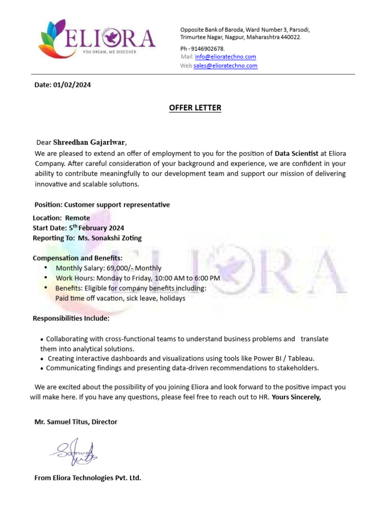 Data Scientist Offer Letter from Eliora | PDF