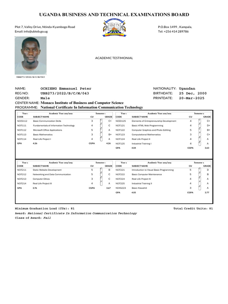 Uganda ICT National Certificate Transcript | PDF | Computing | Computer ...