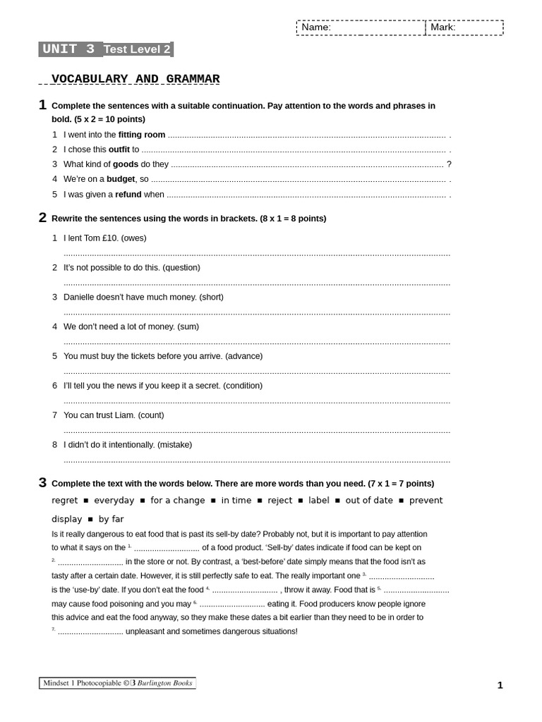 Vocabulary and Grammar Test Level 2 | PDF | Linguistics