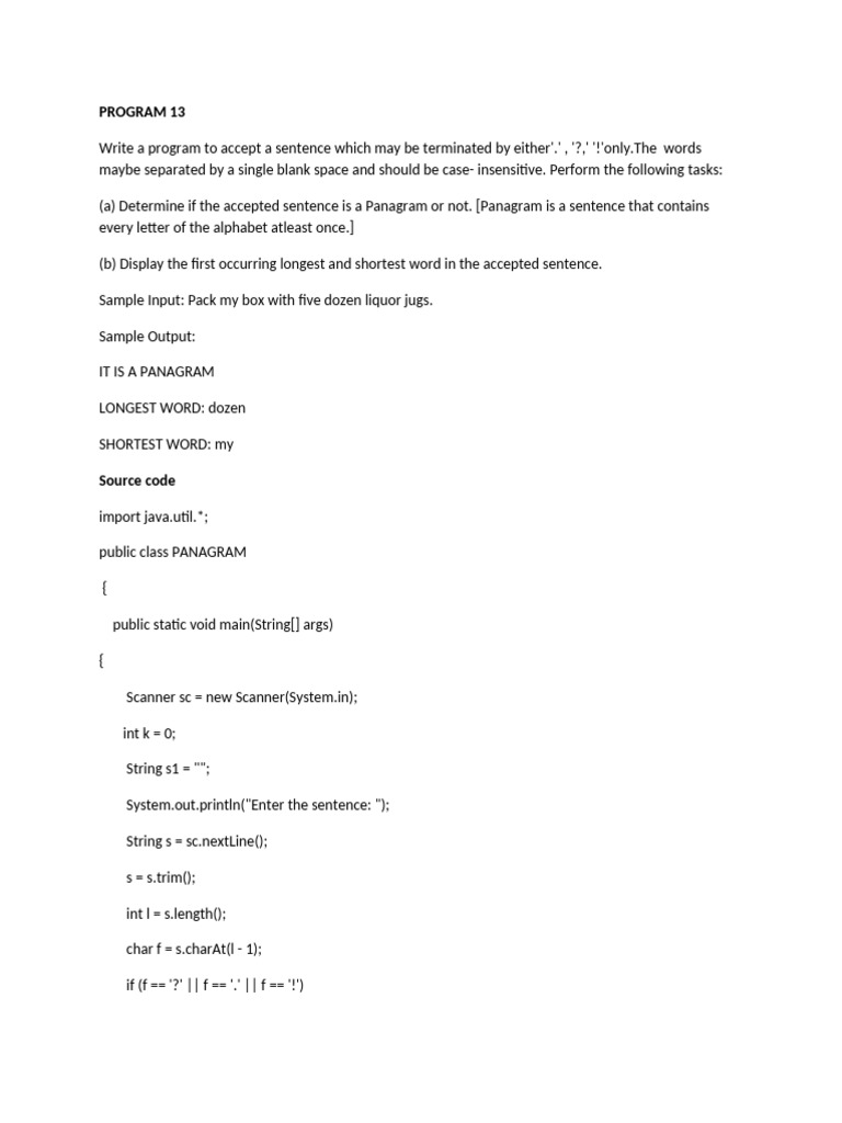 Java Program for Panagram Check | PDF