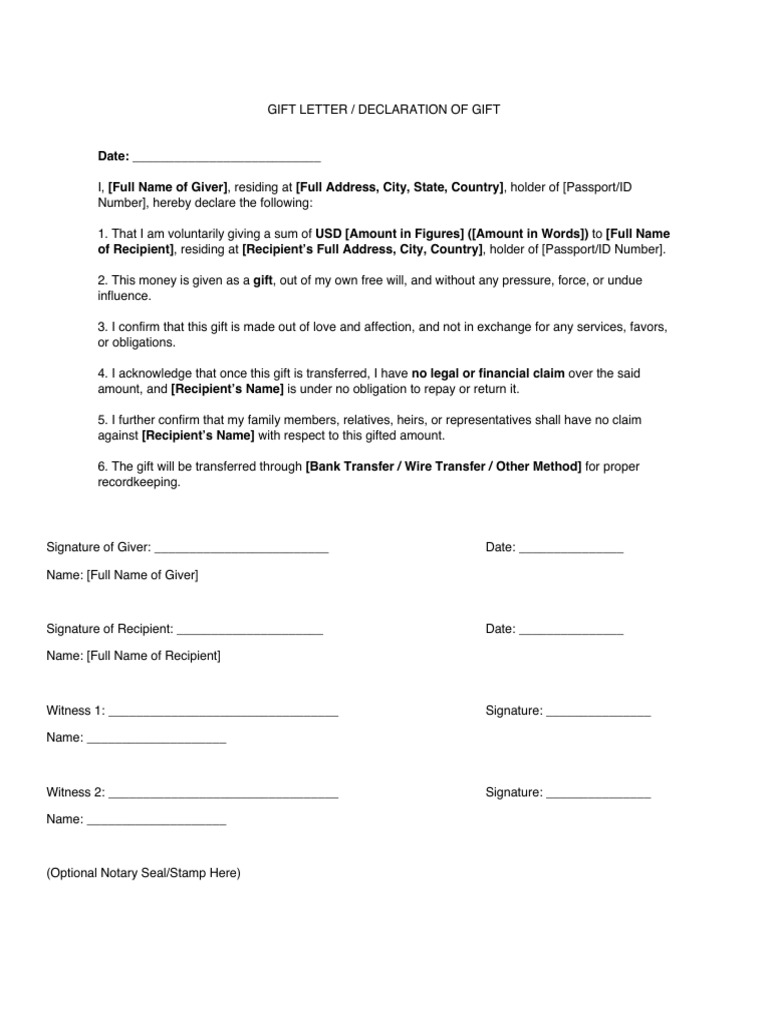 Gift Declaration Letter Template | PDF