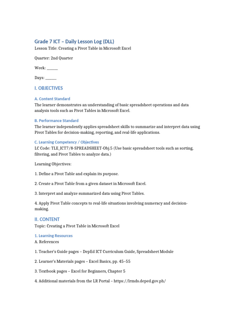 Creating Pivot Tables in Excel: Lesson Plan | PDF | Microsoft Excel ...