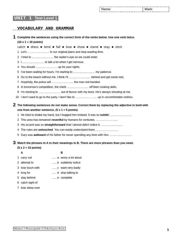 Vocabulary and Grammar Test Level 1 | PDF | Linguistics | Grammar