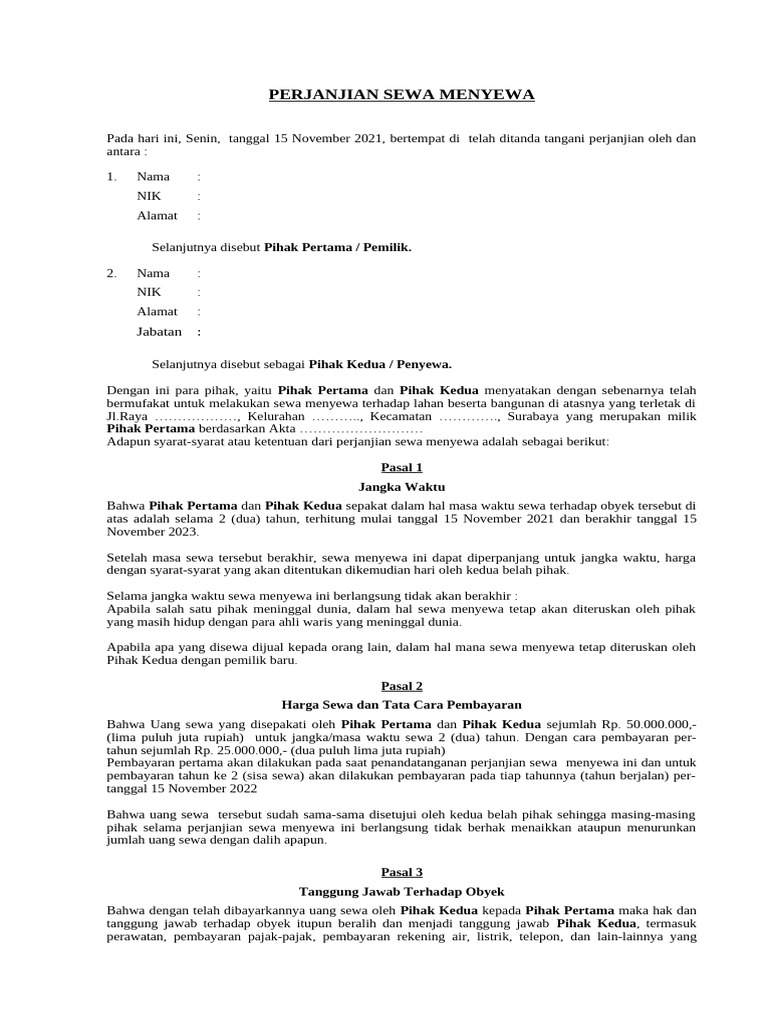 Perjanjian Sewa Menyewa Surabaya 2021 | PDF