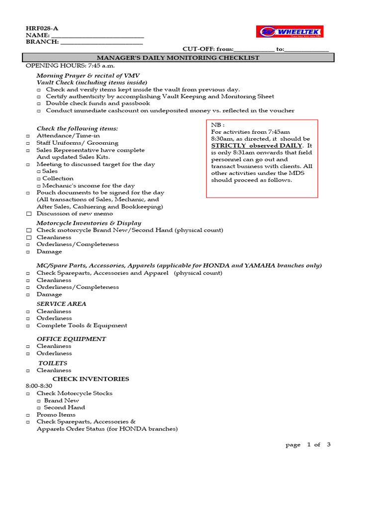Daily Manager Monitoring Checklist | PDF | Business