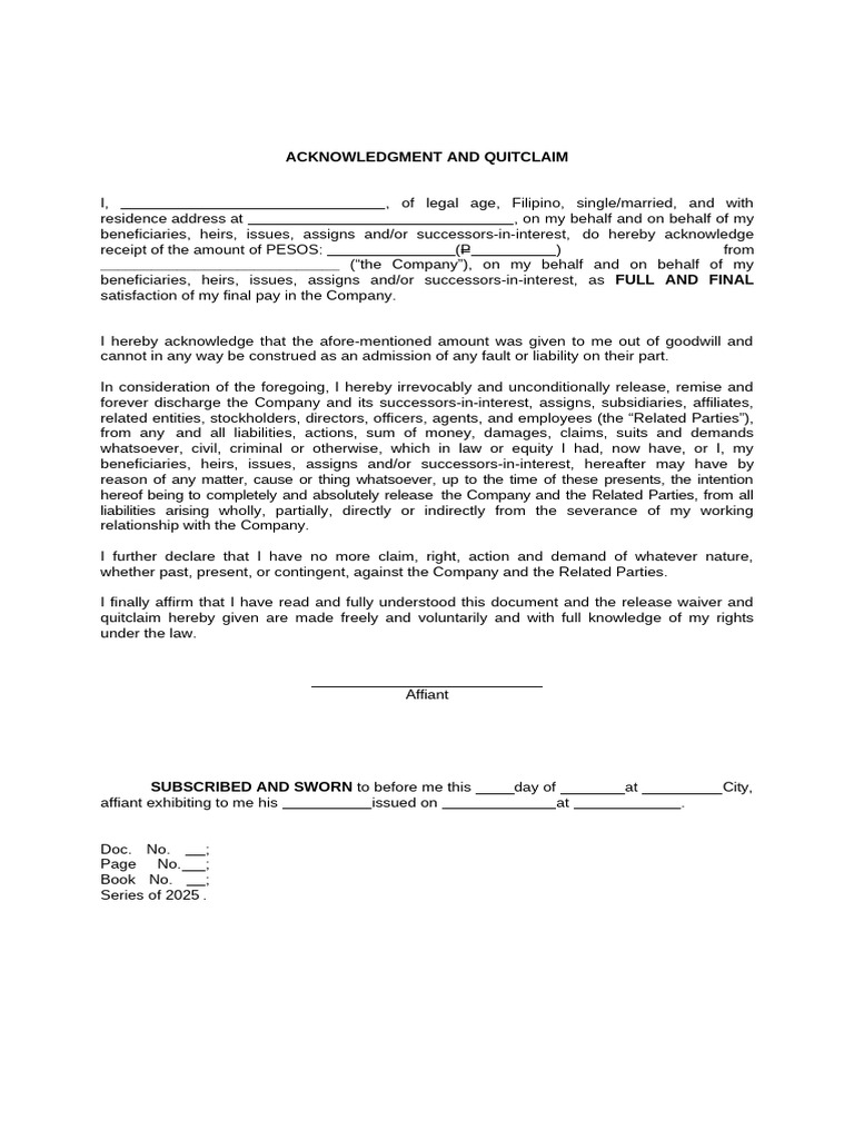 Acknowledgment and Quitclaim Form | PDF