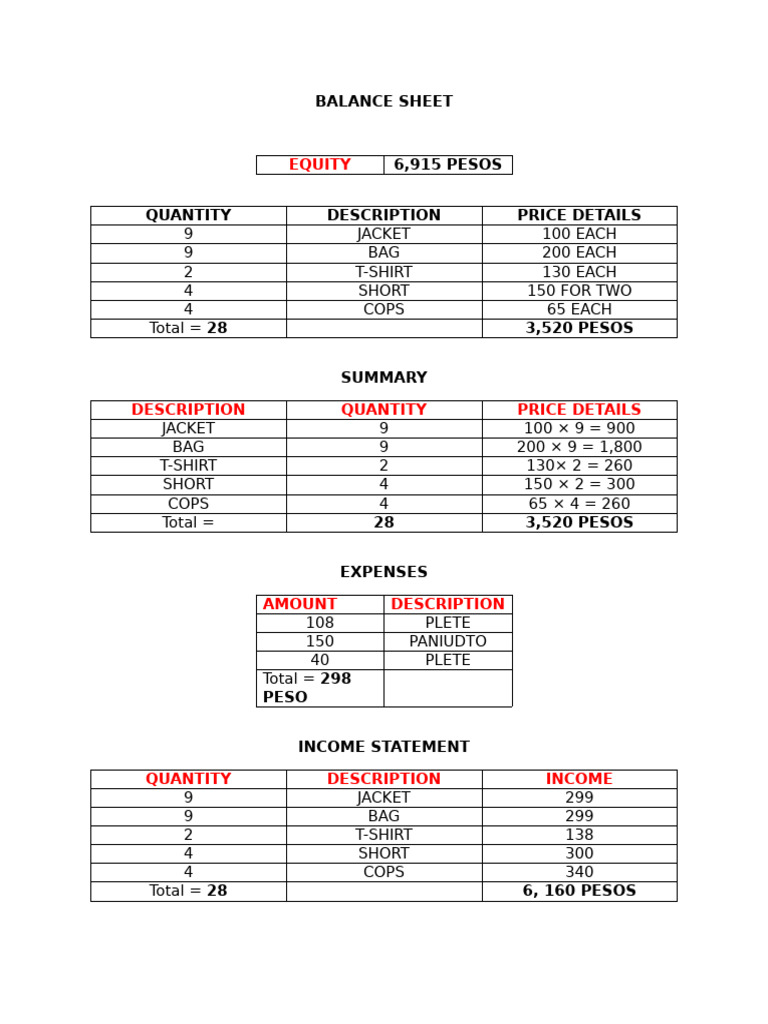 Balance Sheet and Income Statement | PDF