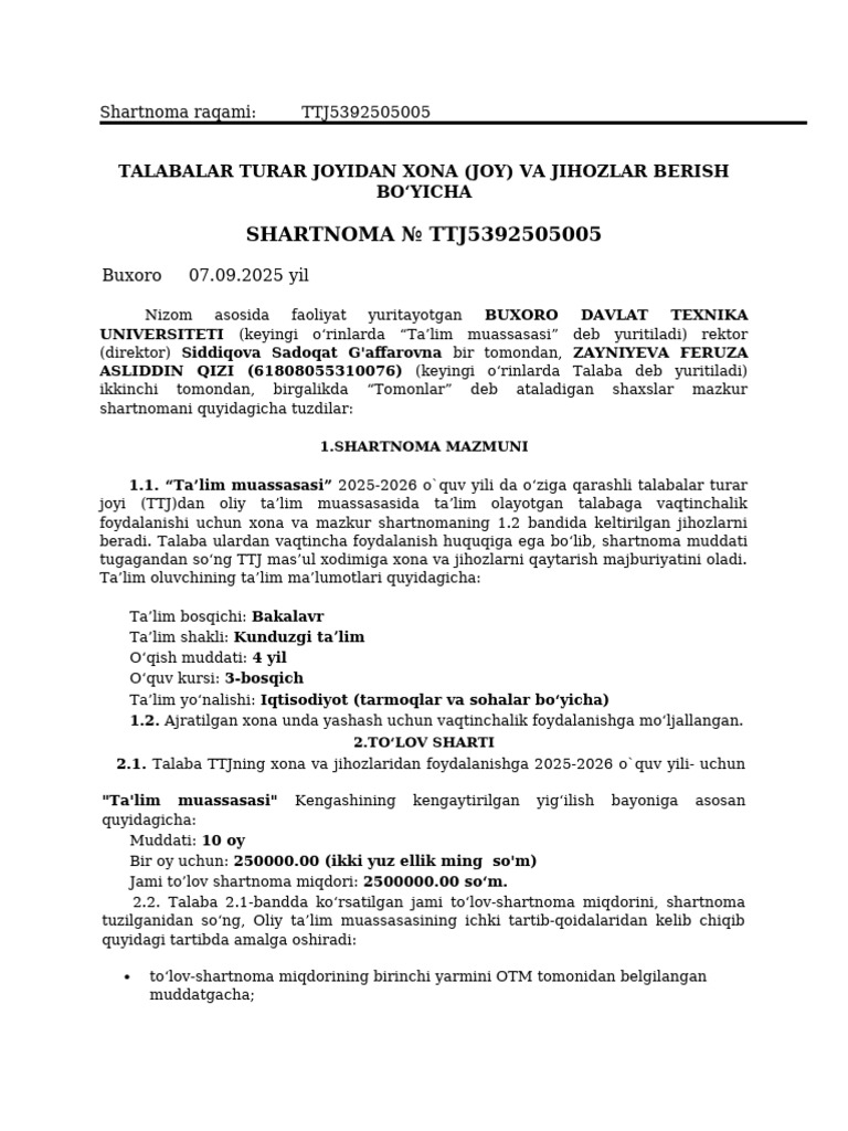 Shartnoma Ttj5392505005: Talabalar Turar Joyidan Xona (Joy) Va Jihozlar ...