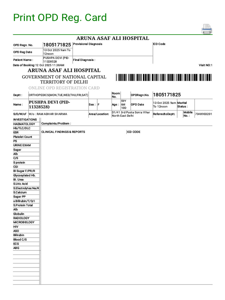 Delhi OPD Registration Card Details | PDF