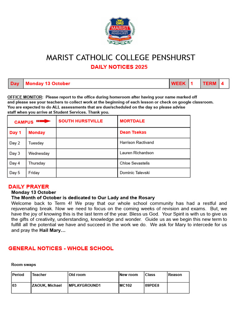 Day 1 Daily Notices Monday 13 October | PDF