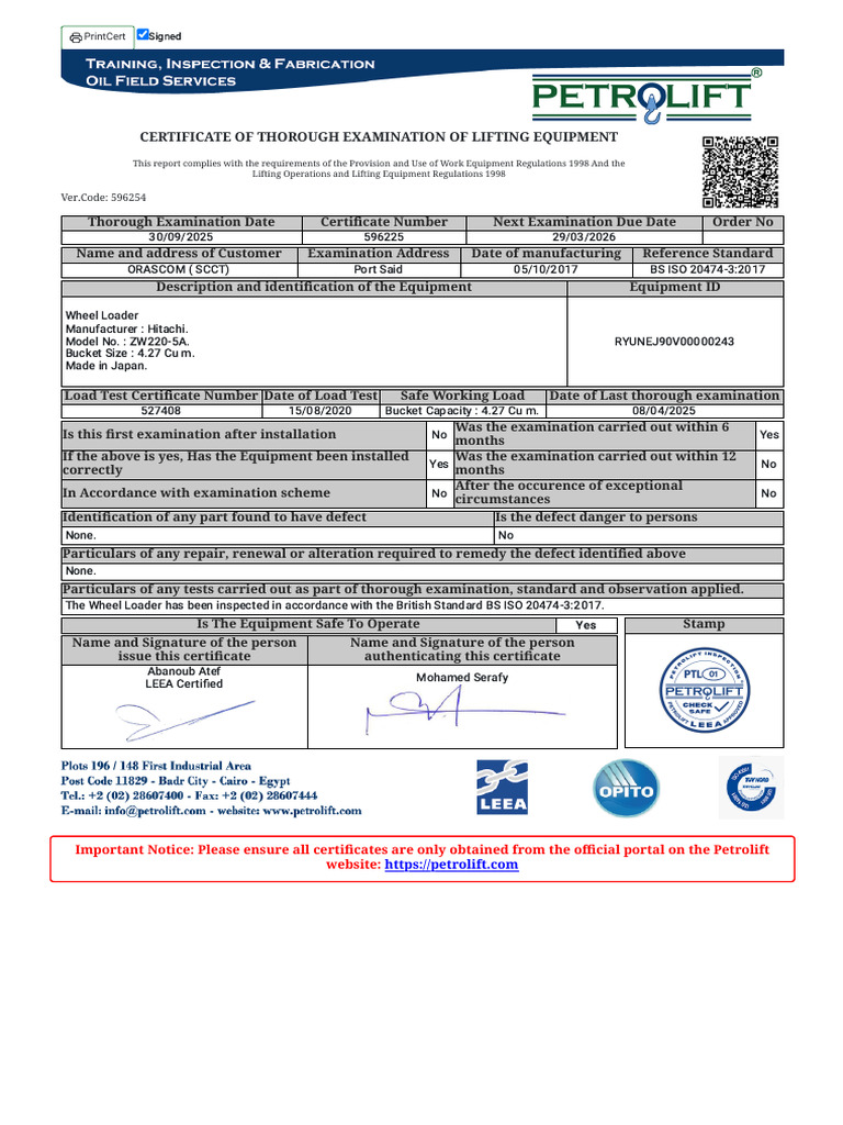 Lifting Equipment Examination Certificate | PDF | Loader (Equipment ...