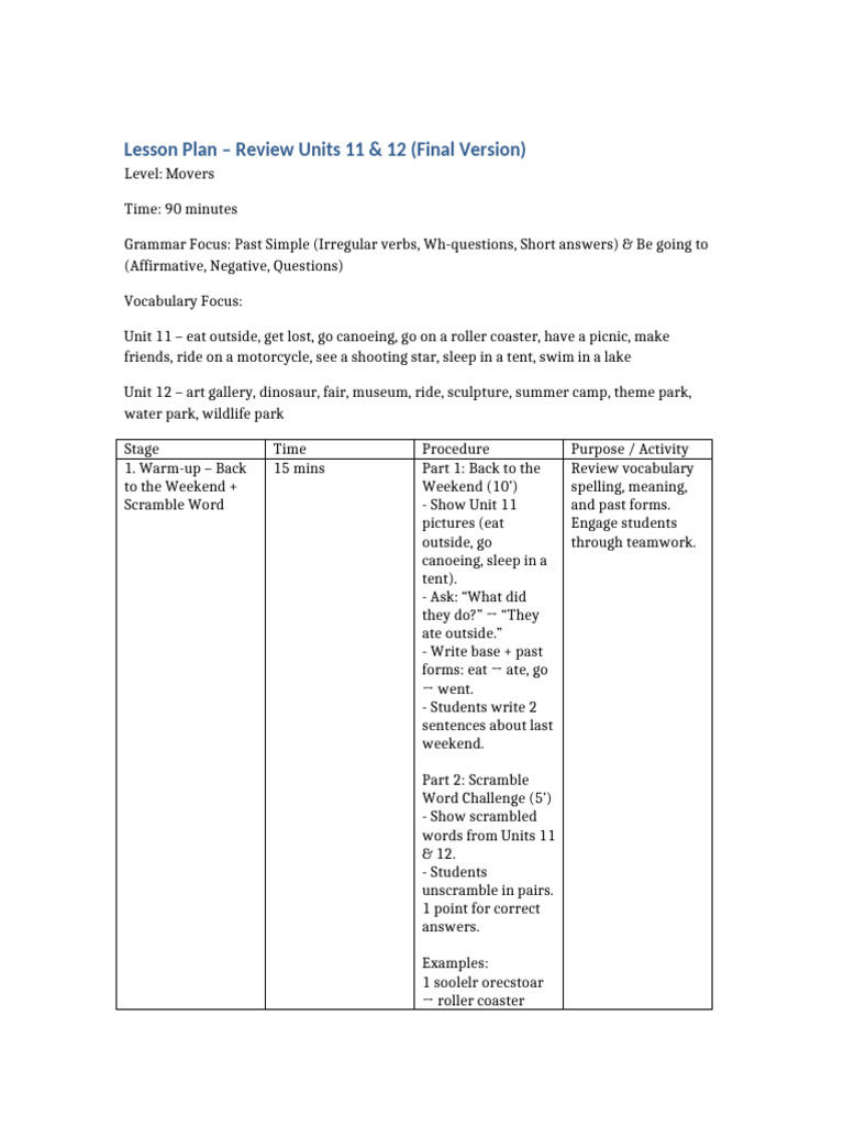 Review Lesson Plan for Units 11 & 12 | PDF | Question | Linguistic ...