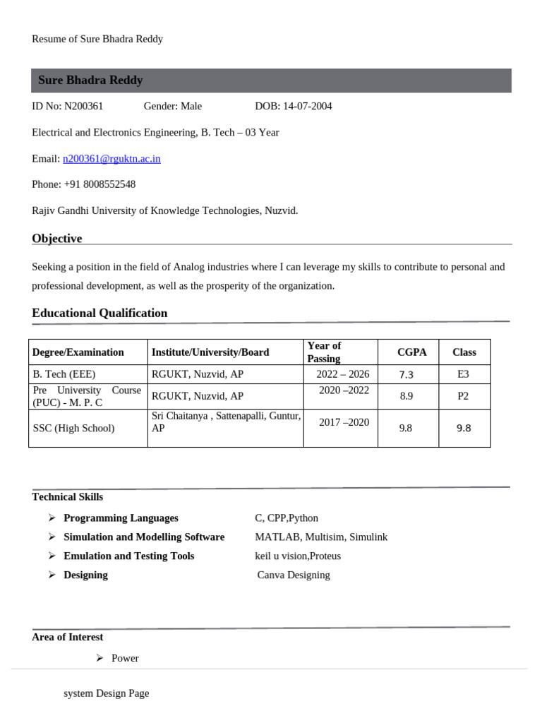 Sure Bhadra Reddy - Electrical Engineer Resume | PDF | Computing ...